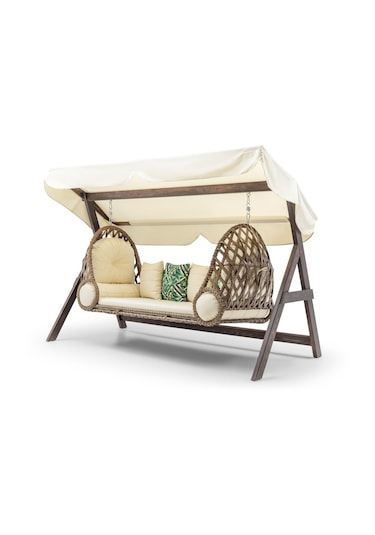 Swing Saltanat Ahşap Rattan Salıncak Dış Mekan Bahçe Balkon Ve Teras Salıncağı Krem Ceviz