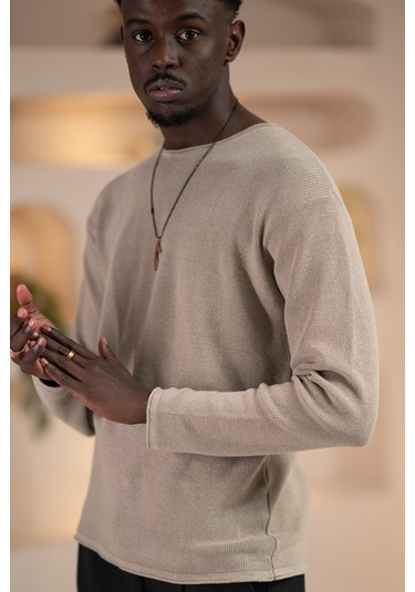 Regular Fit Likralı Kendinden Çizgili Mevsimlik Spor Kazak Vizon