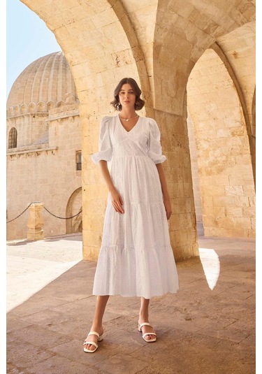 Monamise 23077 Kadın Truvakal Kol V Yaka Elbise-beyaz Beyaz