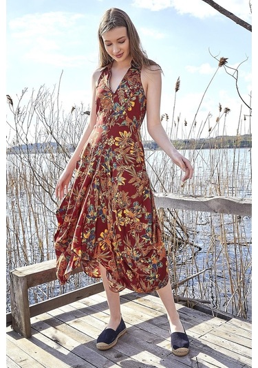 Çiçekli Gömlek Yaka Viskon Elbise