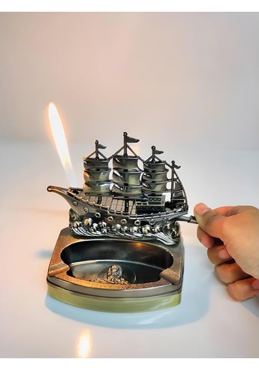 Yelkenli Gemi Figürlü Metal Çakmaklı Masa Kül Tablası