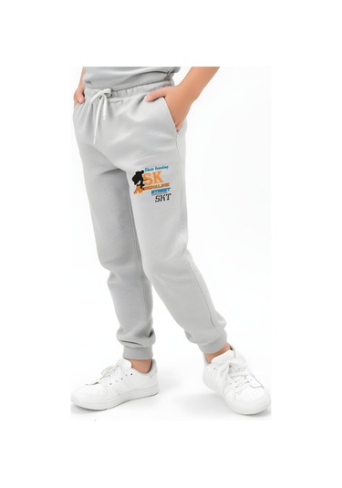 Sk Baskılı Erkek Çocuk Beli Lastik Detaylı Bağlamalı Eşofman Altı Gri