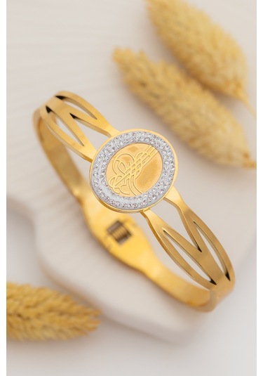 Çelik Altın Kaplama Tuğralı Zirkon Taşlı Model Kadın Bileklik