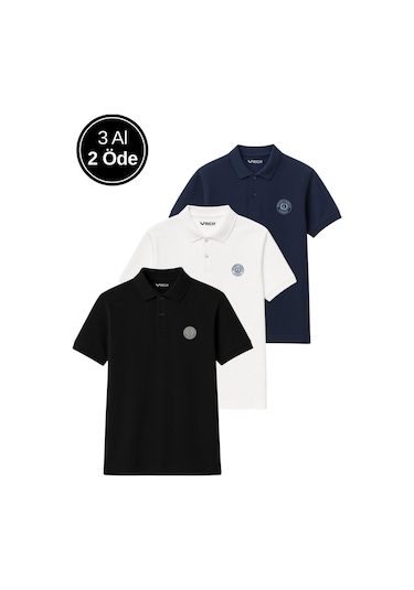 Erkek 3'lü Paket Tişört Rahat Kesim %100 Pamuklu Polo Yaka T-shirt Siyah-lacivert-beyaz 410