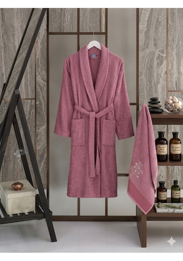 Premium 2'li Aile Bornoz Seti Çeyizlik Pamuklu Hediyelik Banyo Takımı L/xl Mürdüm