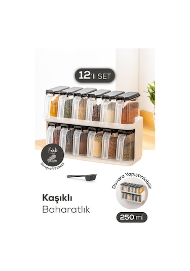 Vienev 12'li Beyaz Standlı Kaşıklı Etiketli Kendinden Yapışkanlı Baharatlık Seti Beyaz Beyaz