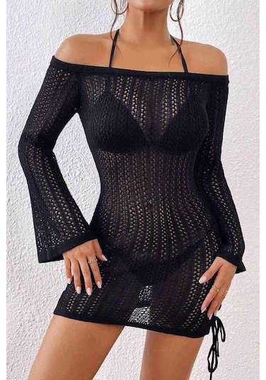 Angelsin Örme Yanlardan Büzgülü Uzun Kollu Plaj Elbisesi Pareo Siyah 001