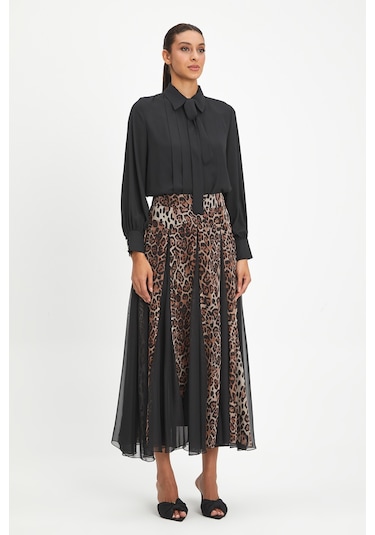 Kadın Leopar Desenli Şifon Etek - Katmanlı, Hafif Ve Zarif Tasarım - Günlük Ve Özel Davet Kullanımı İçin Etek CAMEL