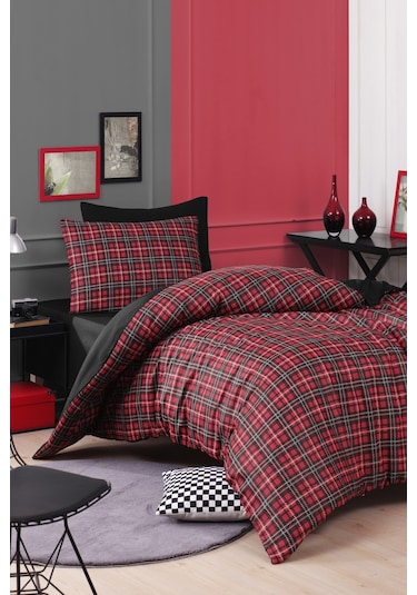 Kolay Ütülenir Nevresim Takımı Tek Kişilik İskoç Kırmızı