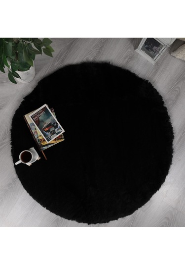 Dekoratif Tavşan Tüyü Ultra Yumuşak Peluş Yuvarlak Halı Siyah