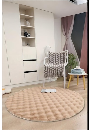 Bubble Yuvarlak Açık Bej Uzun Tüylü Yumuşak Peluş Kaymaz Yıkanabilir Salon Oturma Odası Balkon Halı