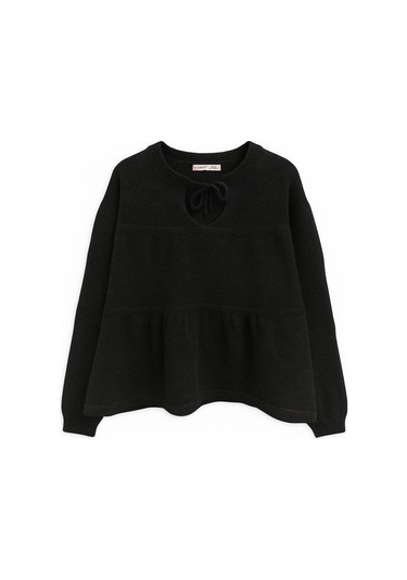 6950 Kadın Yakası Bağcıklı Pileli Triko Kazak Siyah Siyah