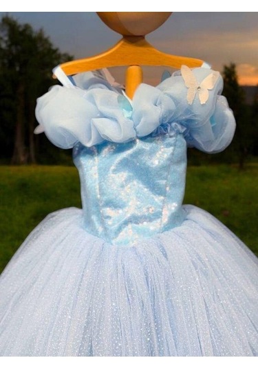 Kız Çocuk Prenses Yaka Kelebek İşlemeli Pullu Tarlatanlı Abiye Elbise-15464 Mavi