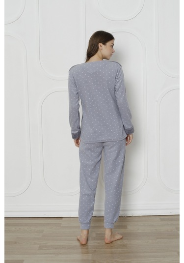 Fawn 3011 Peluş Welsoft Polar Kışlık Kadın Ev Kedi İşlemli Pijama Takımı Gri