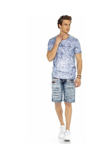 Ck219 Erkek Vintage Destroyed Yırtık Yamalı Kot Kapri Mavi