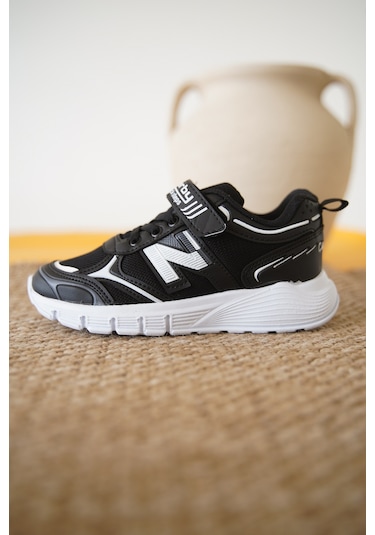D0130 Cırtlı Çocuk Unisex Sneaker Spor Ayakkabı Siyah-beyaz