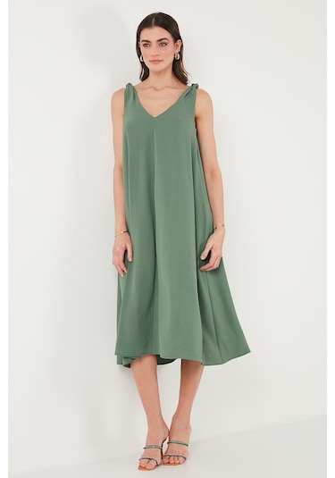 Lela Oversize Fit V Yaka Midi Boy Basic Bayan Elbise 6788688 Haki
