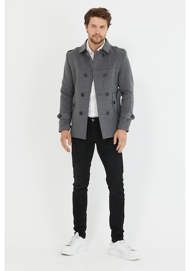 Mero Life Erkek Gri Kemerli Kaşe Kaban Trenç Model Gri