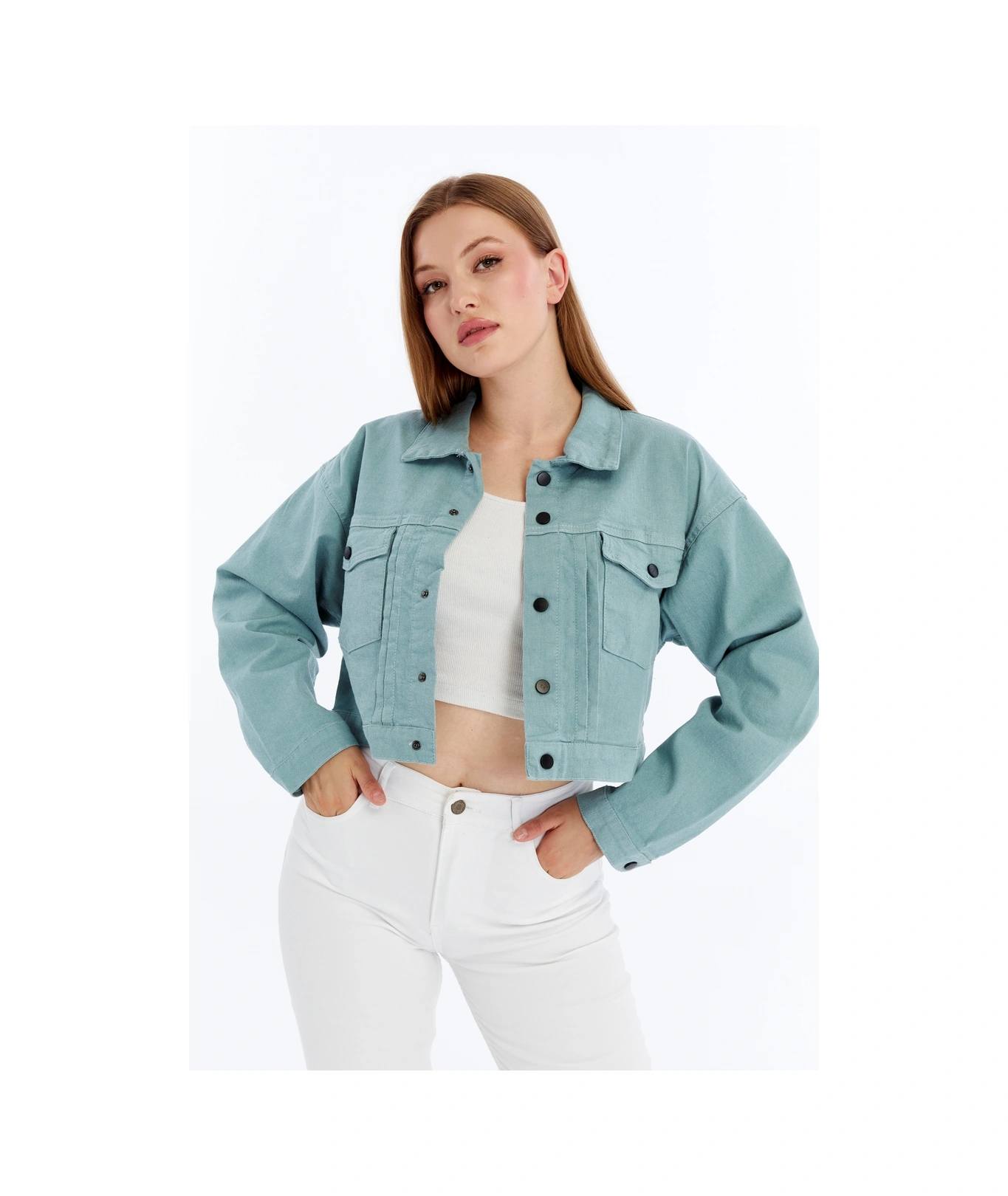 Kadın Bomber Gabardin Ceket Çıt Çıt Düğmeli Kolej Kot Ceket Cepli Renkli Kolay Kombinlenebilen Ceket Yeşil