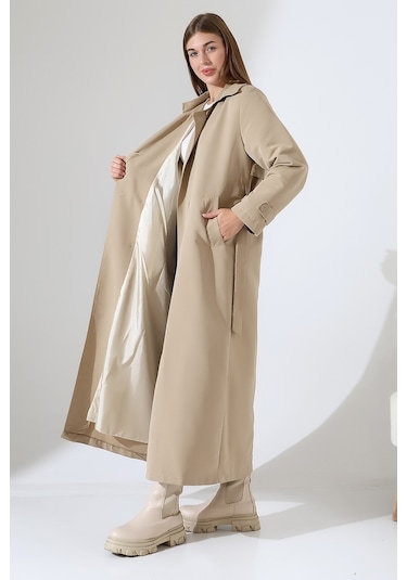 Amazon Keten Kumaş Uzun Boy Düğmeli Astarlı Yumuşak Dokulu Trenç Kot Taş Taş