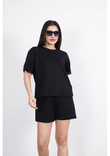 Sensuelle Osy Modal Yumuşak Dokulu Kumaş Bisiklet Yaka T-shirt Kısa Şort İkili Takım - Siyah SIYAH
