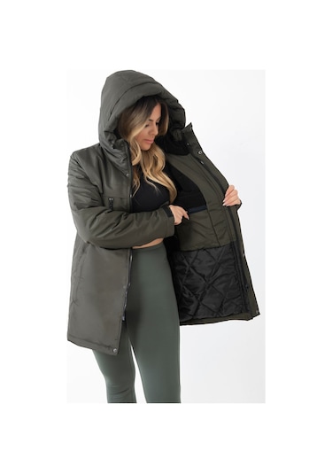 Kadın Haki Içi Polarlı Su Ve Rüzgar Geçirmez Kapüşonlu Kışlık Mont & Kaban & Parka Haki