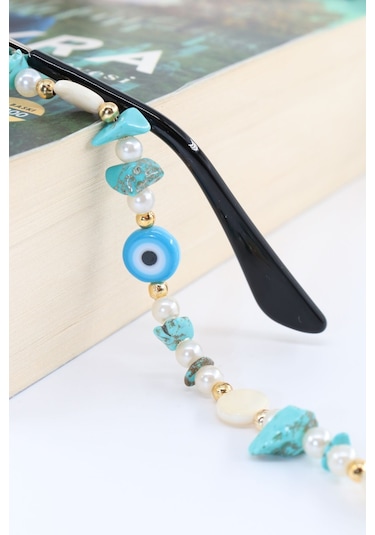 Boncuklu Gözlük İpi. Gözlük Zinciri. Tasarım İncili Doğal Taşlı. Gözlük İpi. Gözlük İpi Askısı. Beyaz - Mavi