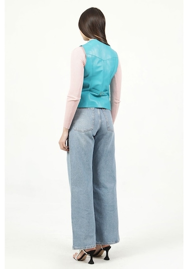 Dericlub Dc-001 Hakiki Deri Kadın Yelek Turkuaz