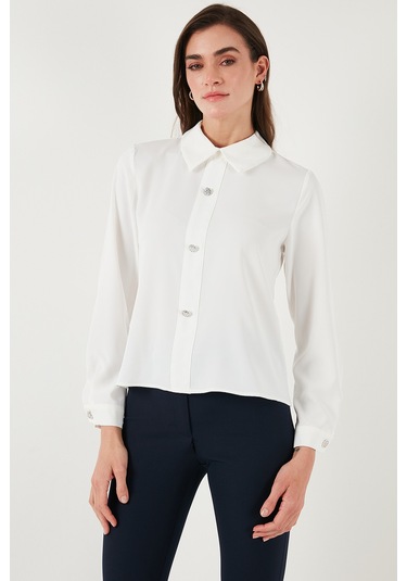 Lela Taşlı Regular Fit Gömlek Yaka Fermuarlı Bayan Bluz 611Bz0493 Ekru