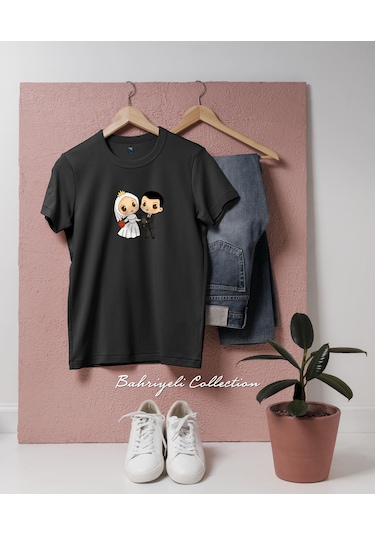 Oversize Groom And Bride Düğün Tasarımlı Unisex T-shirt Siyah