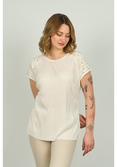 Ella Camelia Kadın Omzu Taş Detaylı Desenli Bluz 18e013 Krem