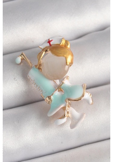Pirinç Gold Renk Beyaz Mavi Renk Hemşire Model Şırınga Detay Kadın Broş Çok Renkli