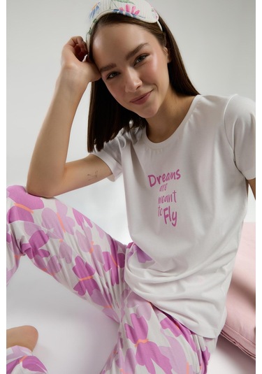 Roly Poly Dreams Are Meant To Fly Kadın Beyaz Kısa Kol Pijama Takım Beyaz