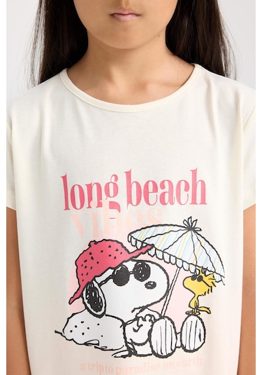 DeFacto Kız Çocuk Snoopy Pijama Takımı Kısa Kollu Üst Beli Lastikli Kısa Şort D9831A824WNER99 Ekru