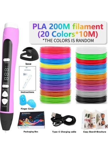 Honeybeeshop Profesyonel 3d Yazıcı Kalem Seti Mavi 5 Metre 20 Renk Led Ekranlı Çok Modlu Dıy Çizim Aracı