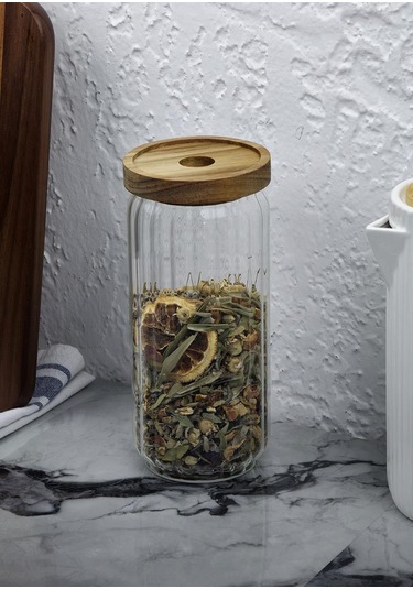 Timber Cam Kavanoz - Çizgili Saklama Kavanozu - Ahşap Kapaklı, 950 Ml