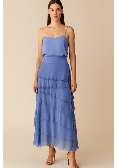 İtalyan 2 Beden Ince Gösteren Kat Kat Ipek Etek & Straplez Elbise İndigo Mavisi