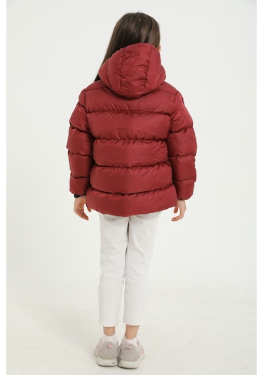 Kız Çocuk Bordo İçi Polarlı Kapüşonlu Su Geçirmez Rüzgara Dayanıklı Cepli Şişme Kışlık Mont Bordo