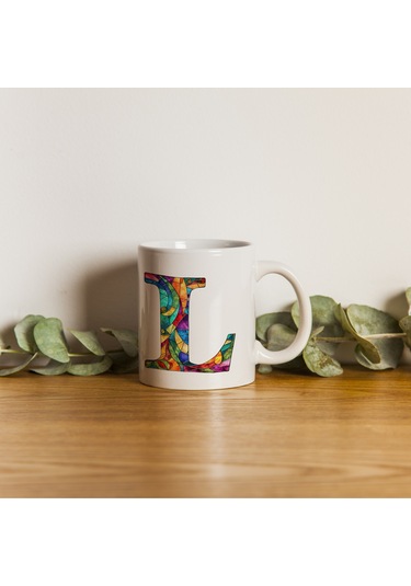 L Harfi Bardak 330 Ml İsme/harfe Özel Hediye, Renkli Harf Tasarım Beyaz