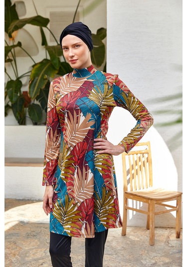 Likralı Tam Kapalı Tesettür Mayo Desenli 3107 Siyah Siyah03 Siyah