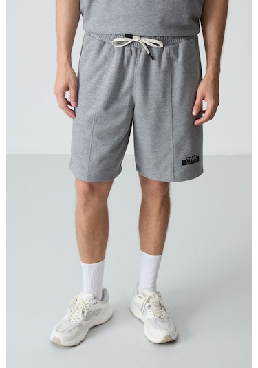 Gri Melanj Pamuklu Kalın Yumuşak Dokulu Oversize Fit Basic Erkek Şort Takım - 85259 GRİ MELANJ