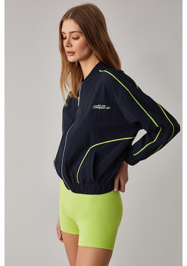 MERLYAN Kadın Bomber Yaka Oversize Fermuarlı Lacivert Ceket