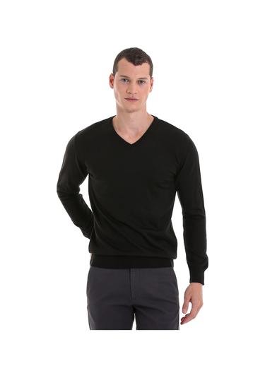 Hatemoğlu Siyah Regular Fit Düz V Yaka Yünlü Triko Kazak Siyah