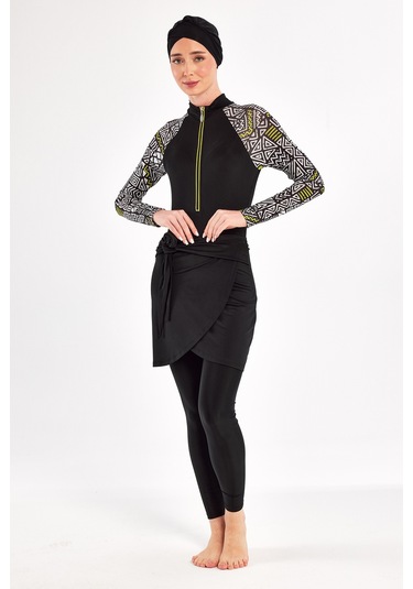 3 Farklı Şekilde Giyilebilir Likralı Etekli Tesettür Mayo 1112 Siyah03 Siyah03