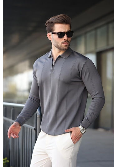 Antrasit Polo Yaka Fermuarlı Erkek Kazak E7427 Antrasit