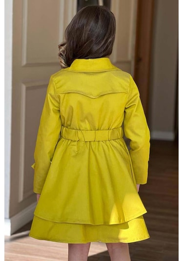 Riccotarz Kız Çocuk Çiçek Desenli Piliseli Sarı Trençkotlu Elbise 001