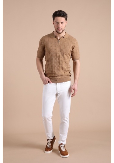 Ferraro Camel Polo Yaka Fermuarlı Erkek Pamuk Triko T-Shirt-Kahverengi (490417687) Kahverengi