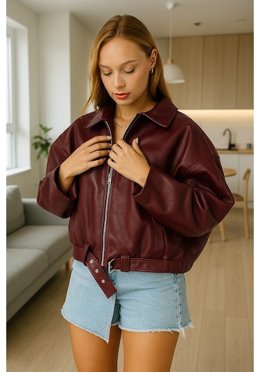 Prifaldi Oversize Bomber Deri Ceket Bordo