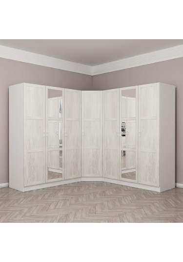 Kale 7 Country Kapaklı Aynalı 4ç Köşe Dolap - Eskitme Beyaz 210cm Beyaz