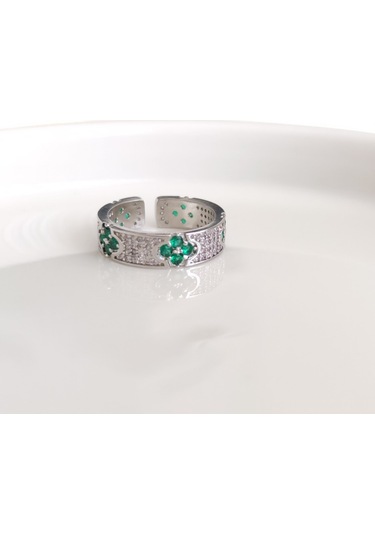 Xupıng 14 Numaraya Kadar Ayarlanabilir Yeşil Çiçek Detaylı Yüzük Beyaz